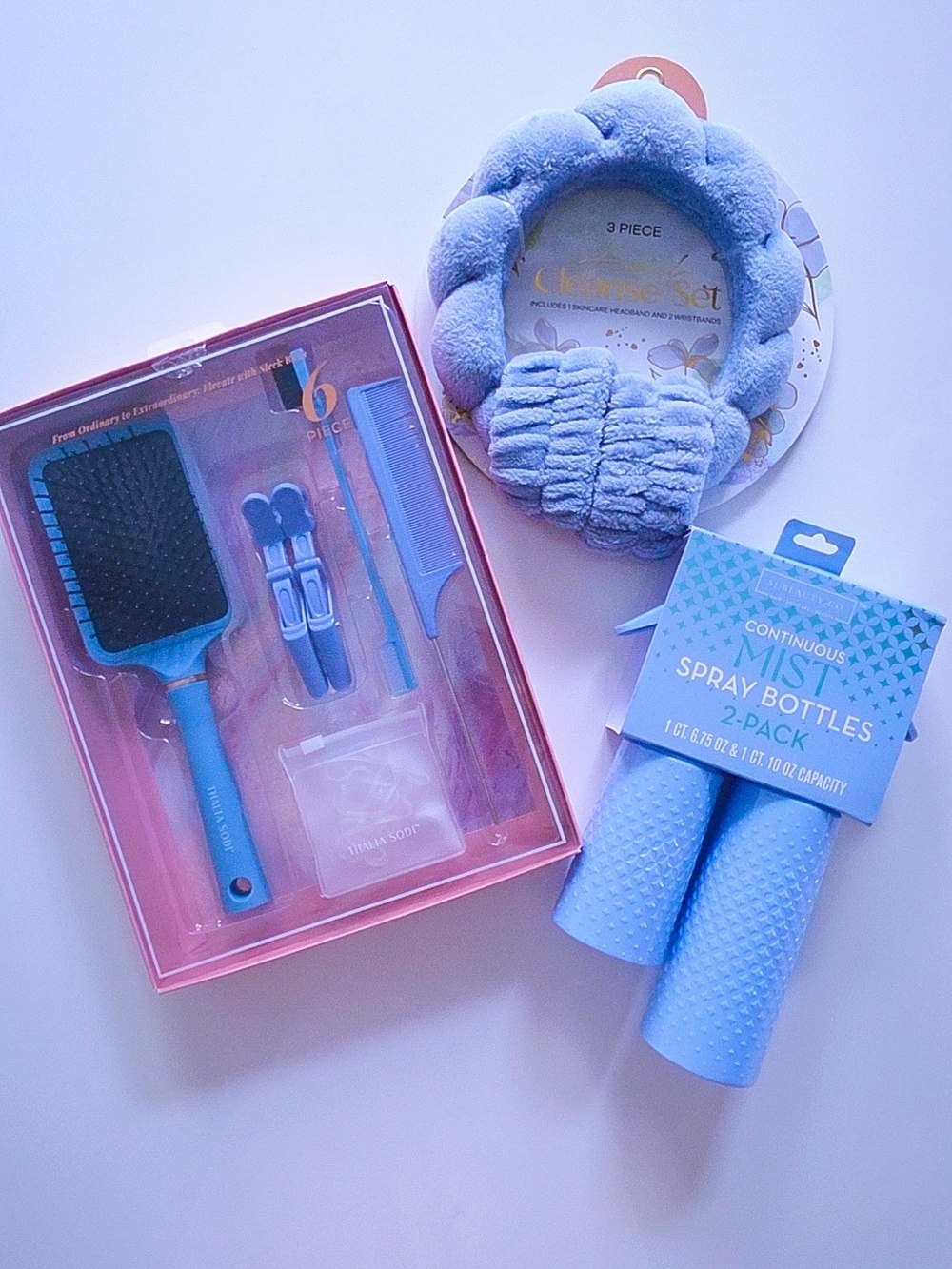 Blue Hair Care Set with Plush Headband & Mist Spray Bottles